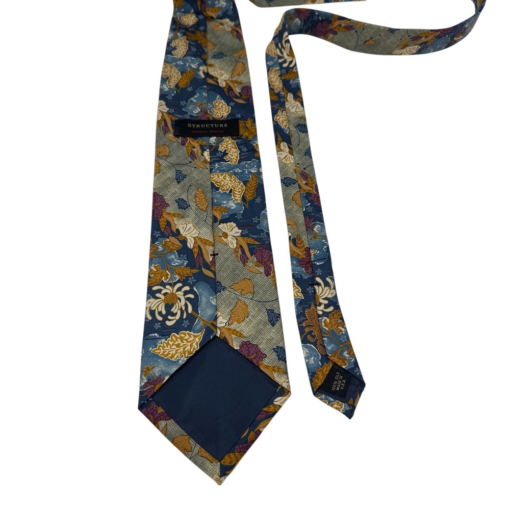 Structure Blue Gold Floral Geometric Italian Silk Made in USA 57" x 4" Necktie - Picture 3 of 8
